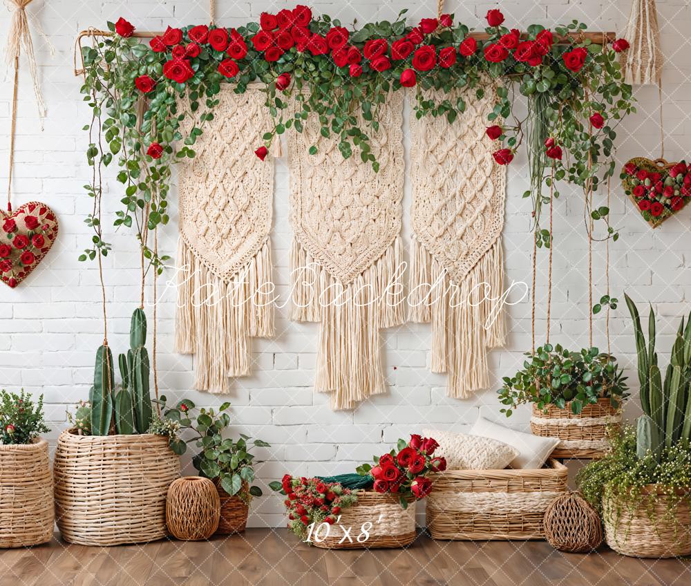 Kate Fleece Valentine Boho Backdrop Floral Macrame Cactus Designed by Emetselch - Kate Backdrop AU