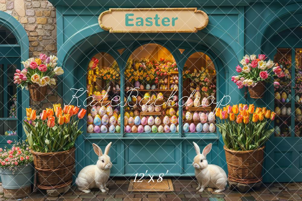 Kate Fleece Easter Bunny Flower Eggs Shop Backdrop Designed by Emetselch - Kate Backdrop AU