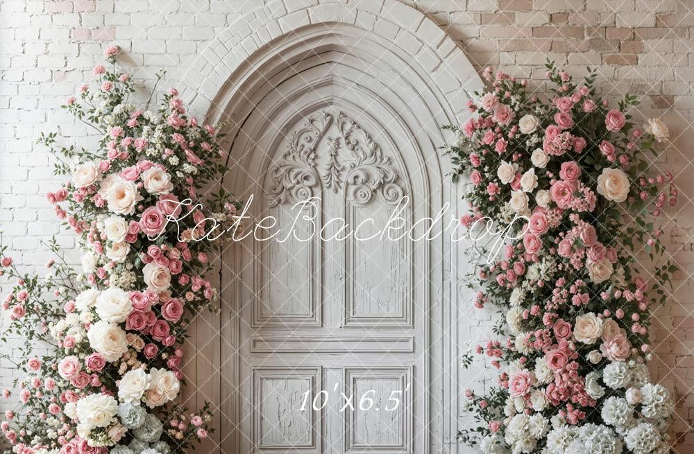Kate Fleece Vintage Brick Wall Door Flowers Backdrop Designed by Emetselch - Kate Backdrop AU