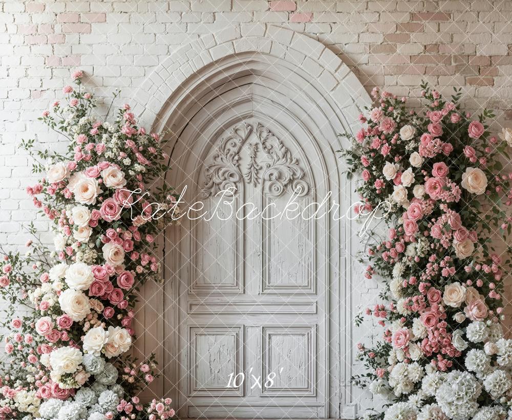 Kate Fleece Vintage Brick Wall Door Flowers Backdrop Designed by Emetselch - Kate Backdrop AU