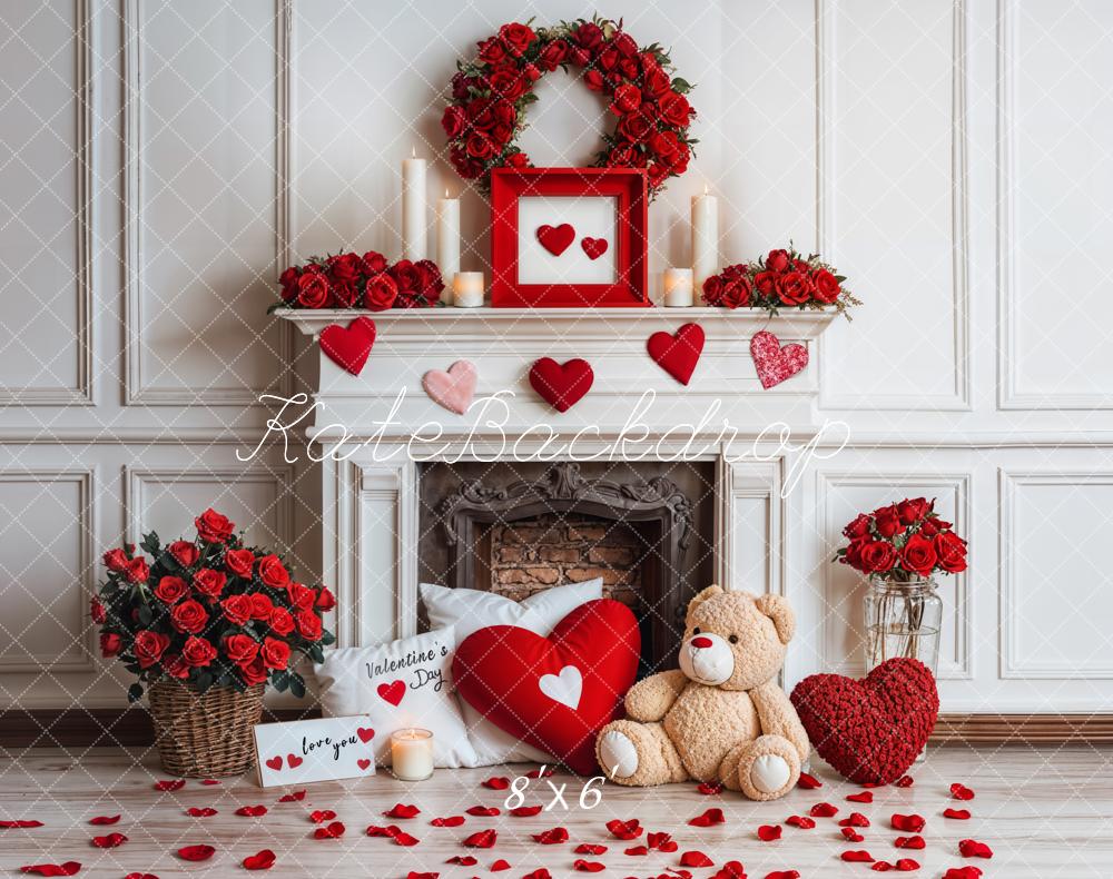 Kate Rose Valentine's Day White Fireplace Backdrop Fleece Designed by Emetselch - Kate Backdrop AU