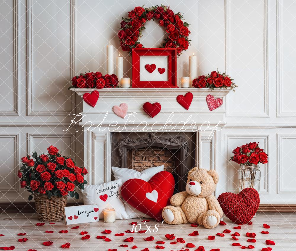 Kate Rose Valentine's Day White Fireplace Backdrop Fleece Designed by Emetselch - Kate Backdrop AU