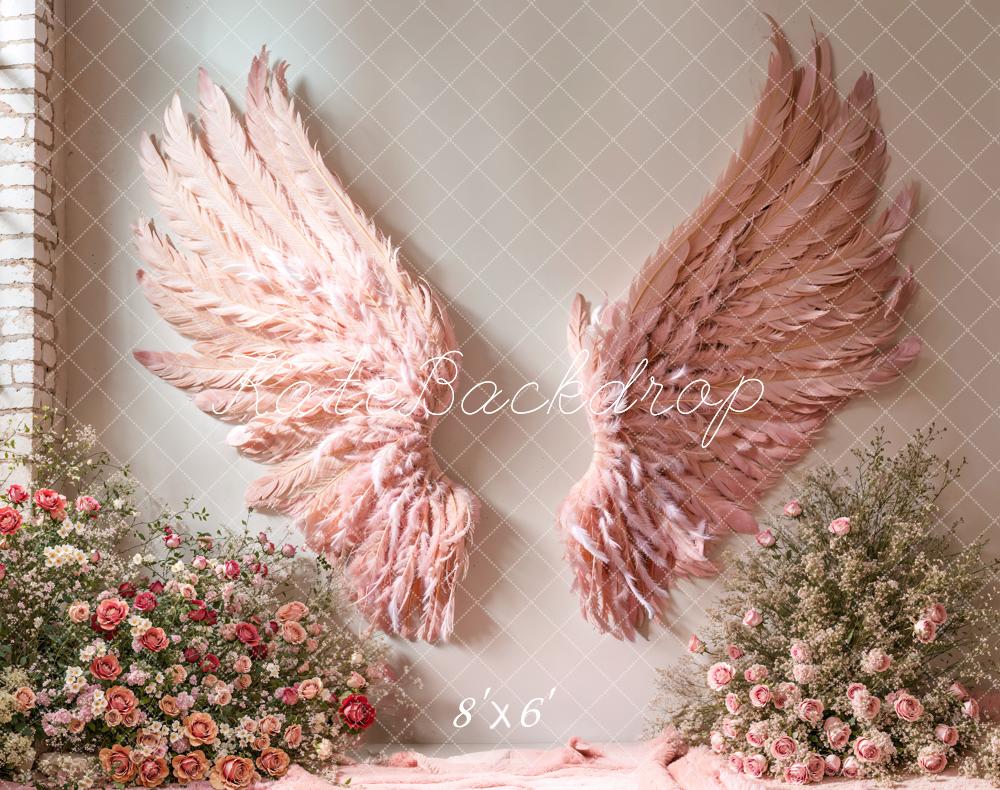 Kate Fleece Pink Angel Wings Floral Backdrop Designed by Emetselch - Kate Backdrop AU