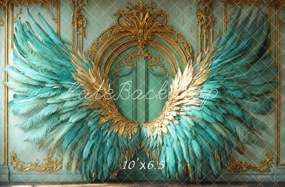 Kate Fleece Elegant Vintage Turquoise Feather Wings Backdrop Designed by Emetselch - Kate Backdrop AU