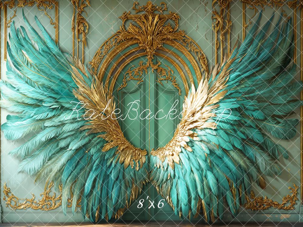 Kate Fleece Elegant Vintage Turquoise Feather Wings Backdrop Designed by Emetselch - Kate Backdrop AU