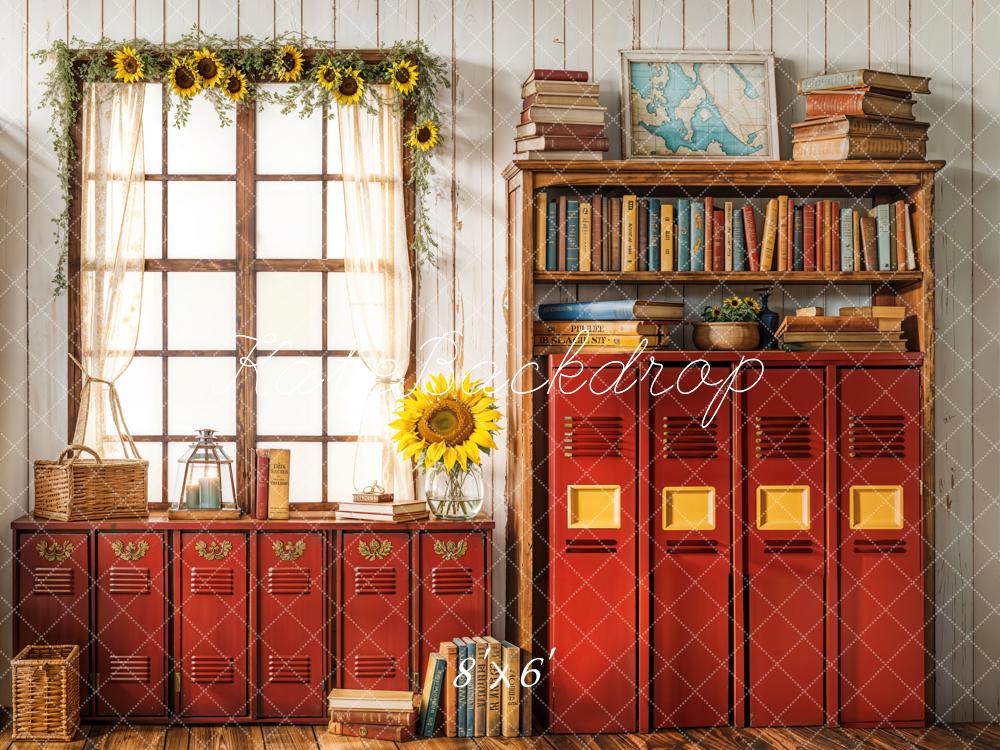 Kate Fleece Back to School Backdrop Red Cabinet Window Designed by Emetselch - Kate Backdrop AU