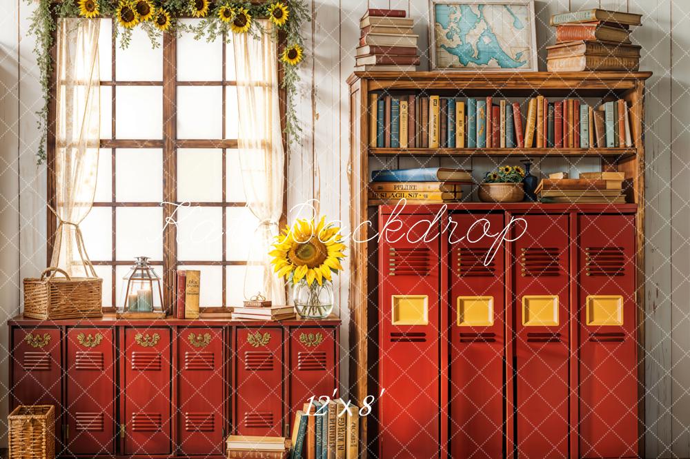 Kate Fleece Back to School Backdrop Red Cabinet Window Designed by Emetselch - Kate Backdrop AU
