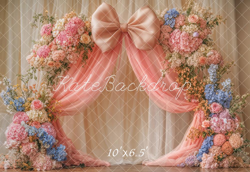 Kate Fleece Pink Flower Bow Tulle Curtain Backdrop Designed by Emetselch - Kate Backdrop AU