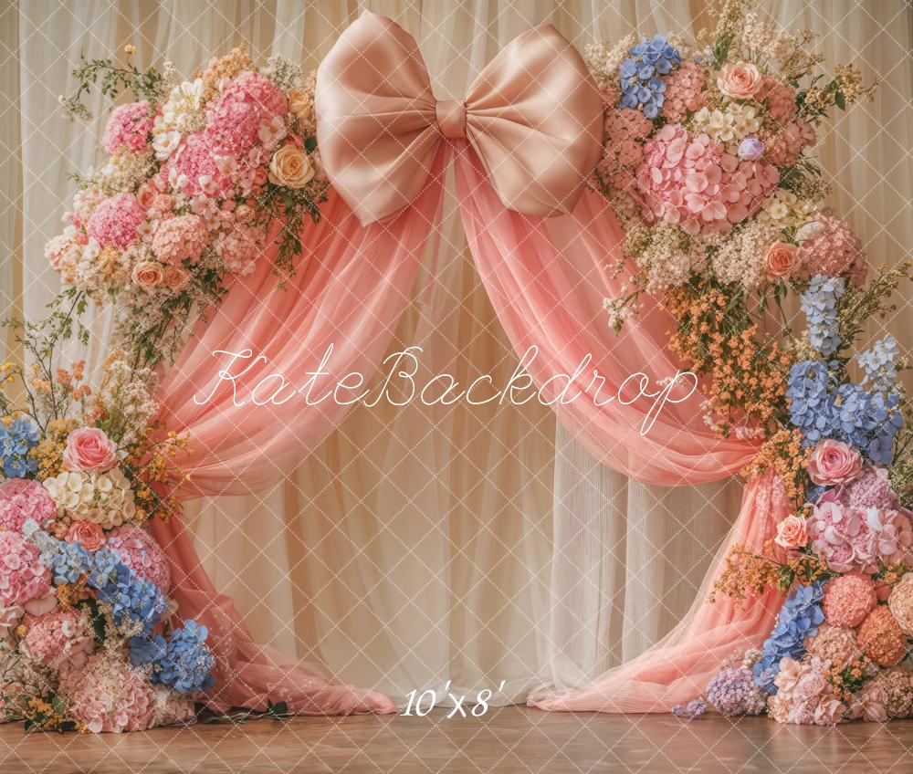 Kate Fleece Pink Flower Bow Tulle Curtain Backdrop Designed by Emetselch - Kate Backdrop AU