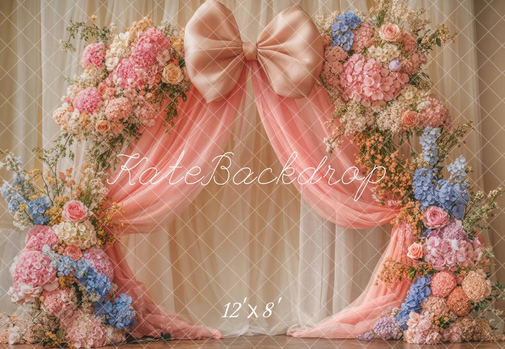 Kate Fleece Pink Flower Bow Tulle Curtain Backdrop Designed by Emetselch - Kate Backdrop AU