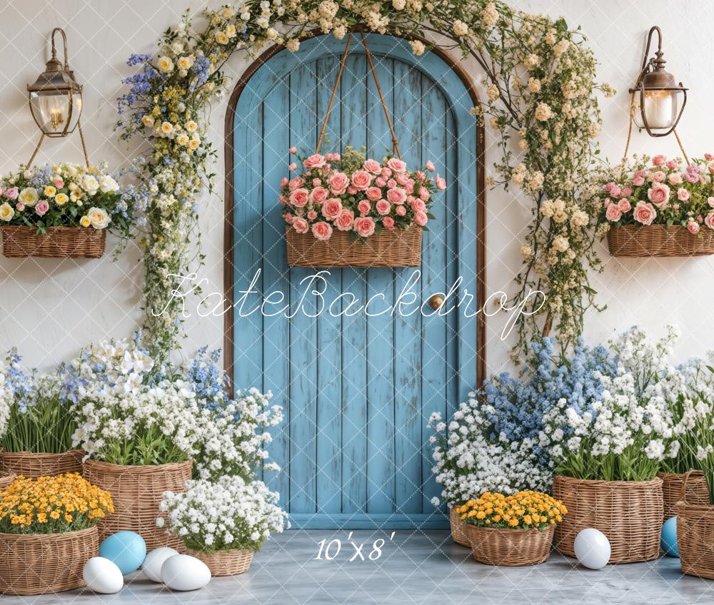 Kate Fleece Spring Flowers Blue Door Easter Backdrop Designed by Emetselch - Kate Backdrop AU