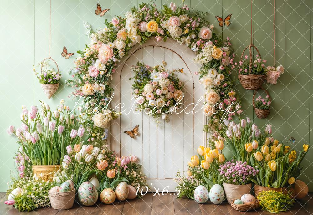Kate Fleece Easter Tulips Backdrop Door Green Butterfly Designed by Emetselch - Kate Backdrop AU