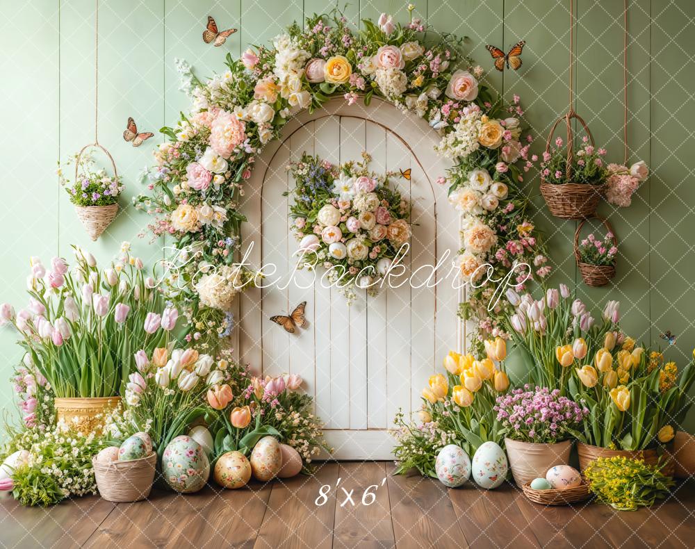 Kate Fleece Easter Tulips Backdrop Door Green Butterfly Designed by Emetselch - Kate Backdrop AU