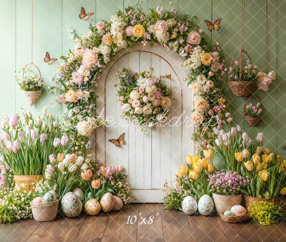 Kate Fleece Easter Tulips Backdrop Door Green Butterfly Designed by Emetselch - Kate Backdrop AU