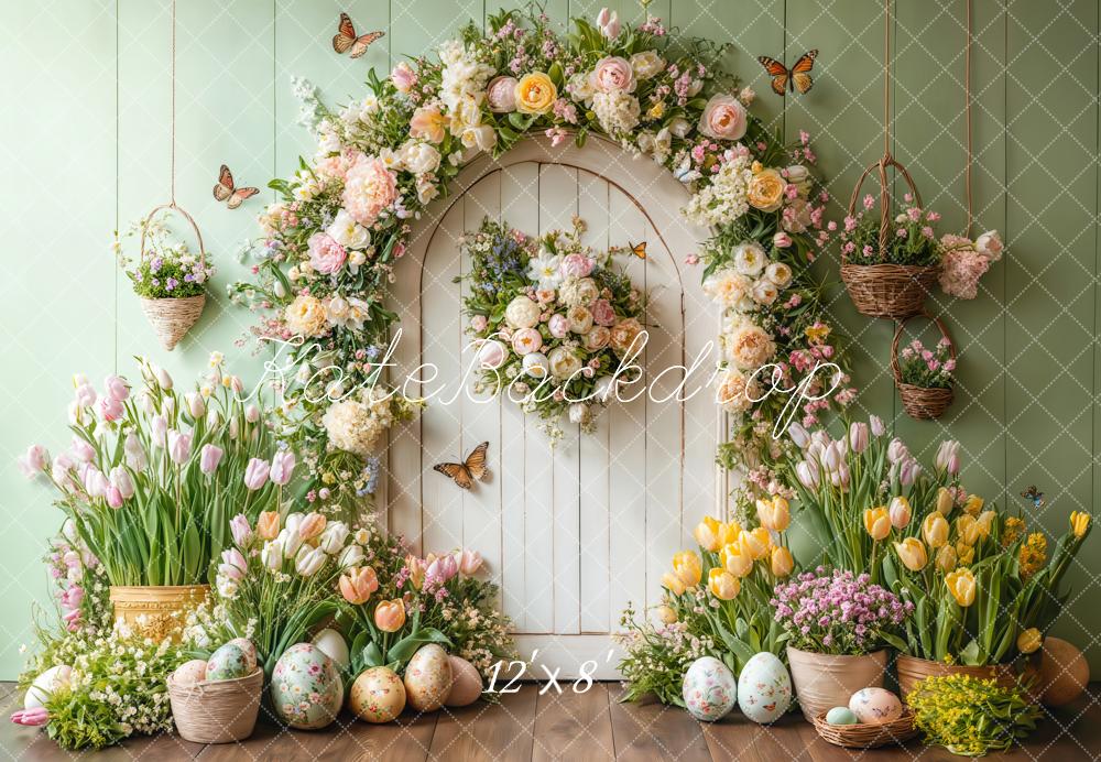 Kate Fleece Easter Tulips Backdrop Door Green Butterfly Designed by Emetselch - Kate Backdrop AU
