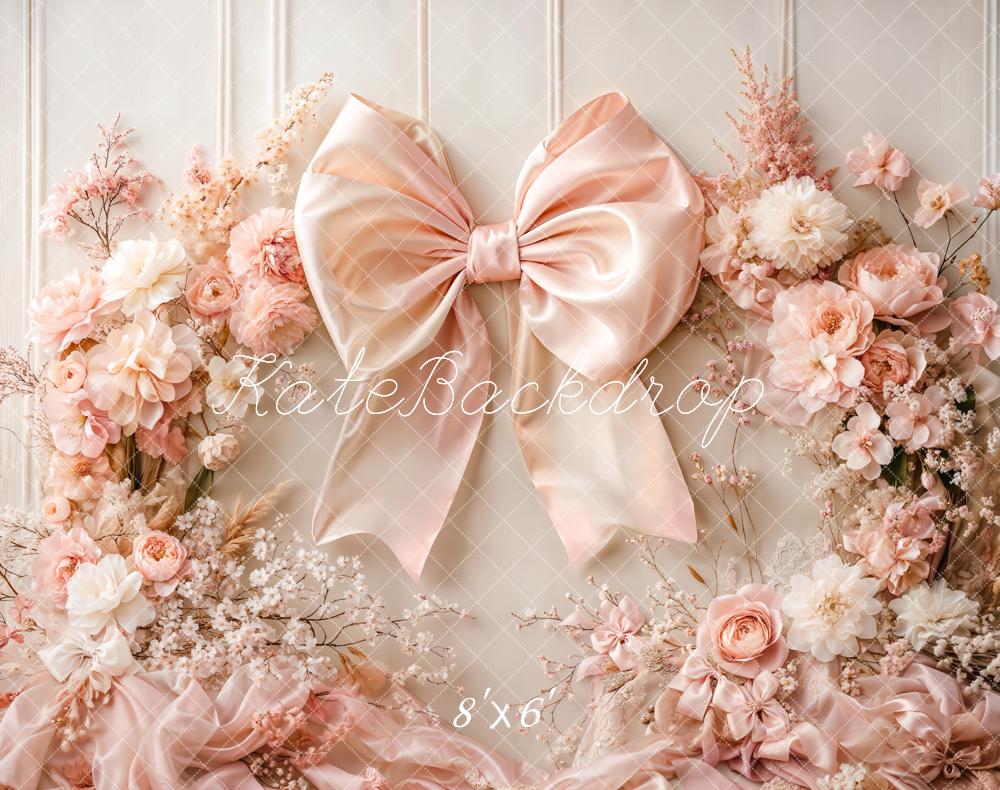 Kate Fleece Pink Flowers Bow Backdrop Birthday Cake Smash Designed by Emetselch - Kate Backdrop AU