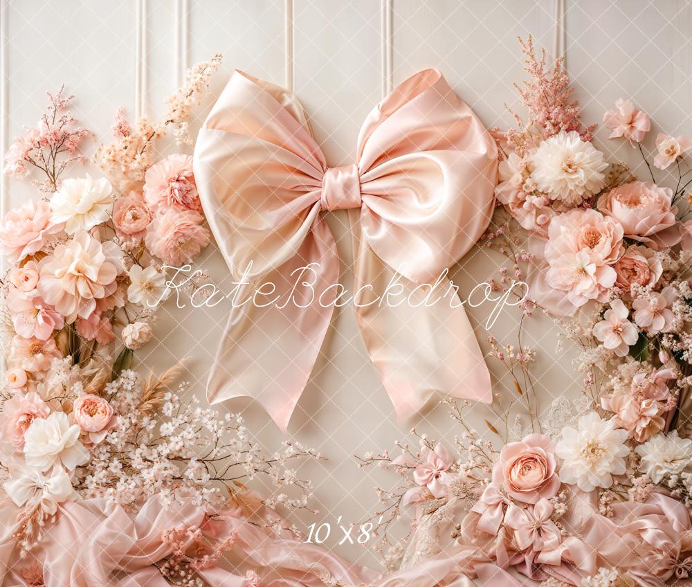 Kate Fleece Pink Flowers Bow Backdrop Birthday Cake Smash Designed by Emetselch - Kate Backdrop AU