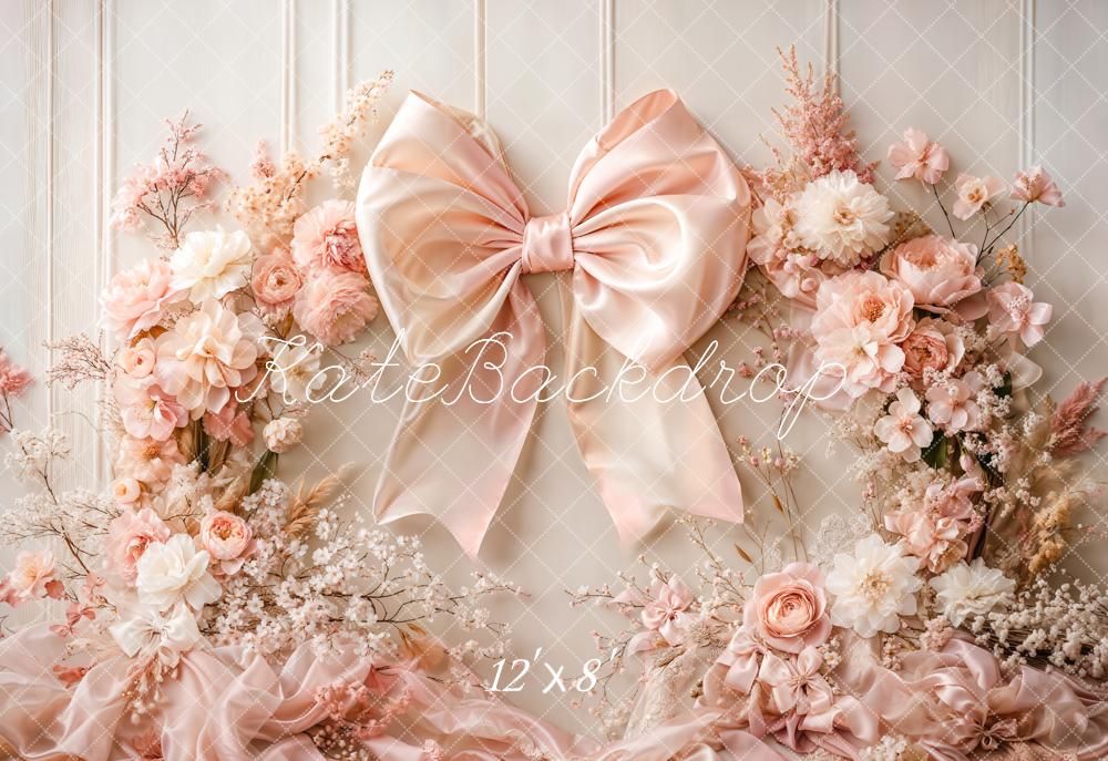 Kate Fleece Pink Flowers Bow Backdrop Birthday Cake Smash Designed by Emetselch - Kate Backdrop AU