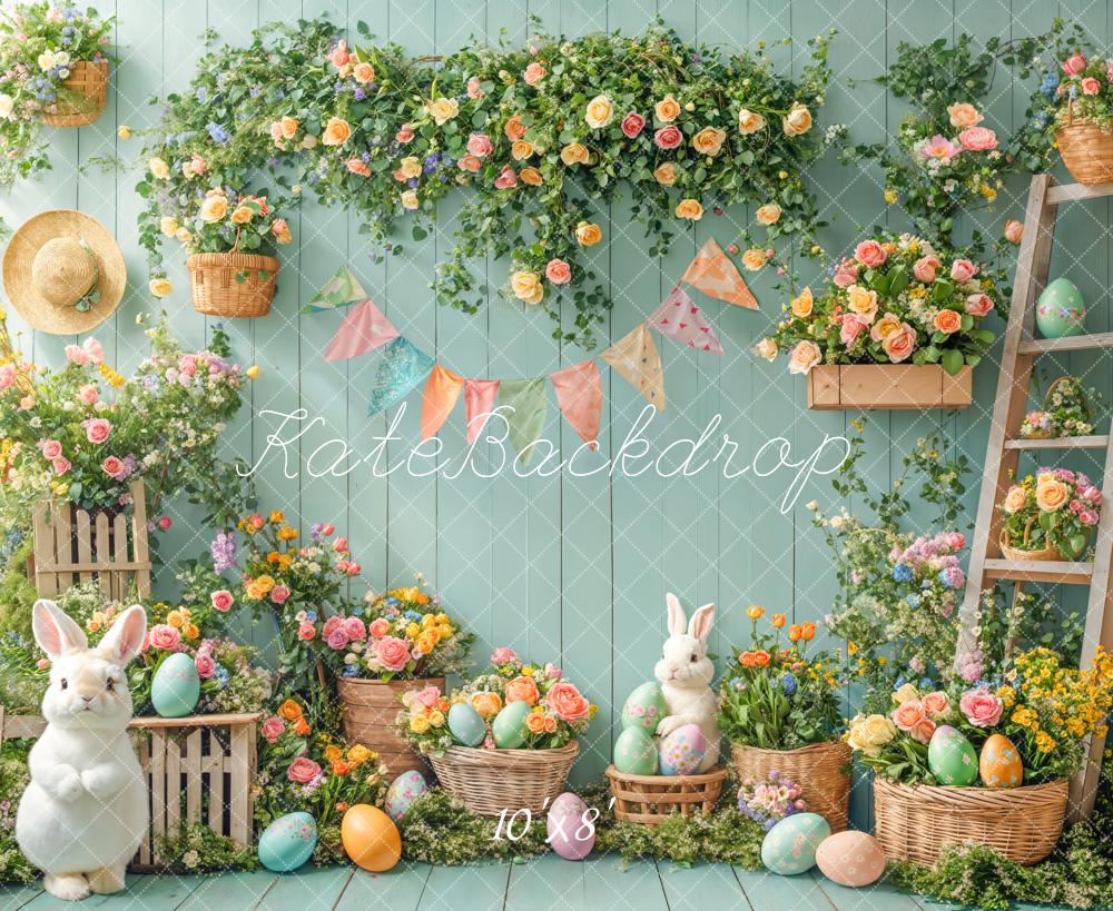 Kate Fleece Easter Bunny Ladder Straw Hat Backdrop Designed by Emetselch - Kate Backdrop AU