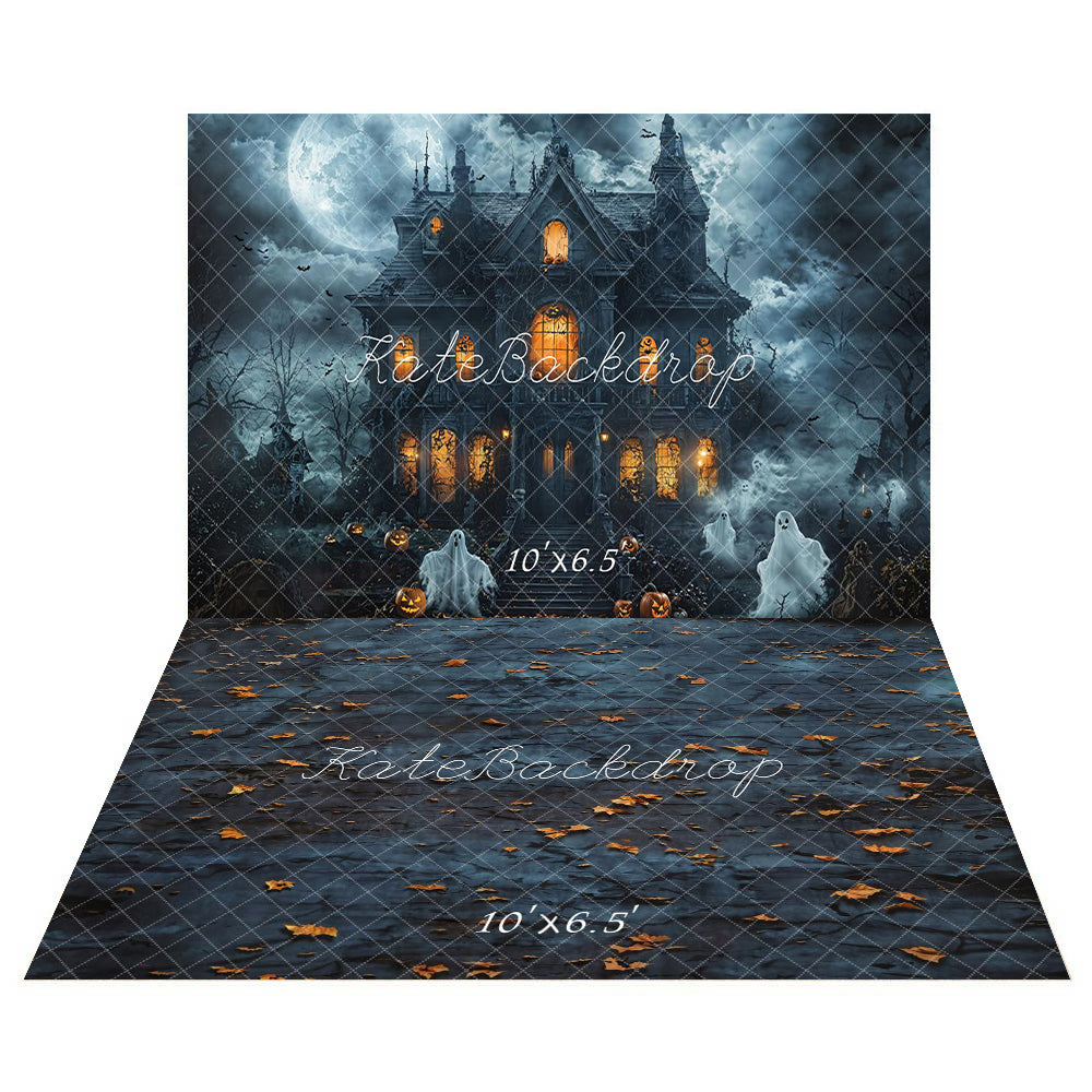 Kate Halloween Ghost Building Backdrop+Dark Floor Backdrop for Photography