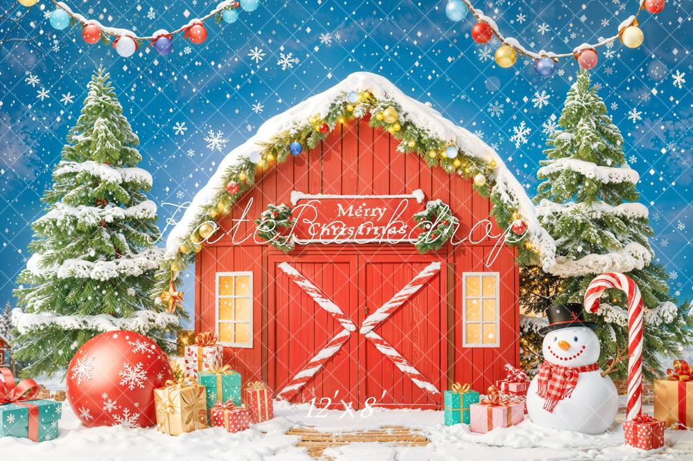 Kate Merry Christmas Red House Snowman Backdrop Designed by Chain Photography