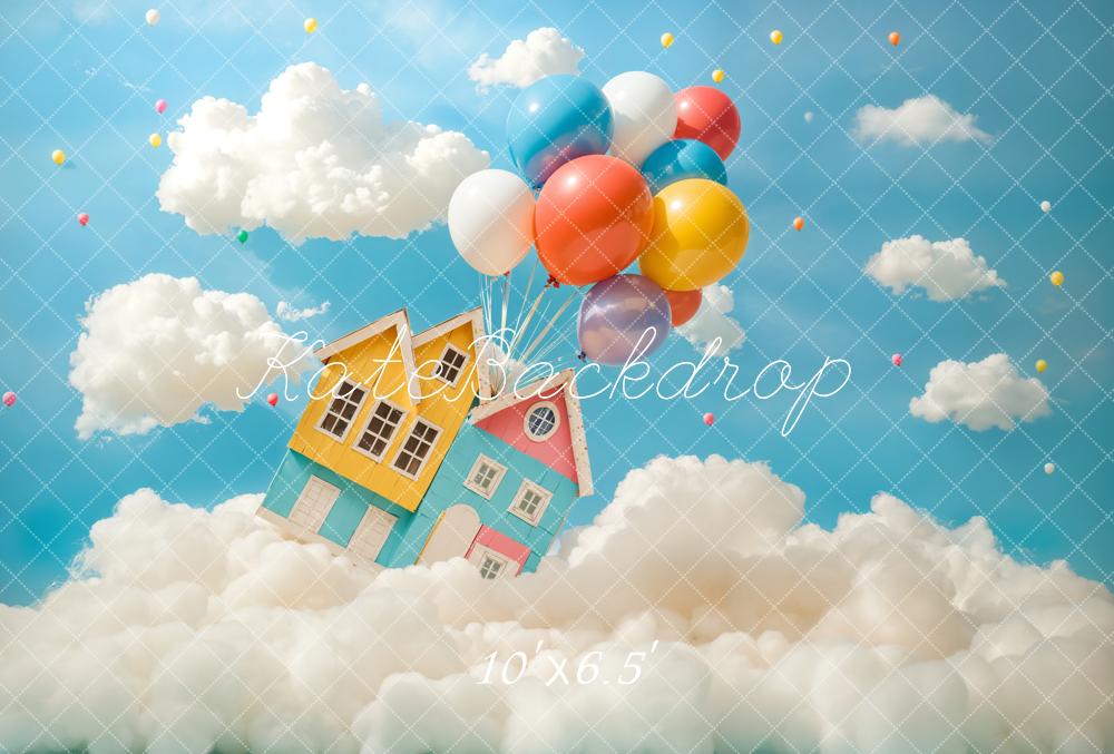 Kate Blue Balloon House Clouds Backdrop Designed by Chain Photography - Kate Backdrop AU