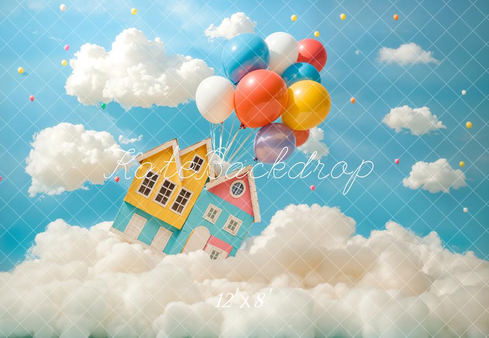 Kate Blue Balloon House Clouds Backdrop Designed by Chain Photography - Kate Backdrop AU