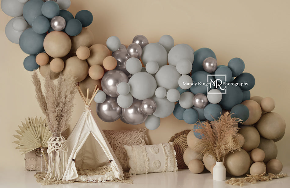 Kate Boho Balloons Tent Fleece Backdrop Matte Blue Designed by Mandy Ringe Photography - Kate Backdrop AU