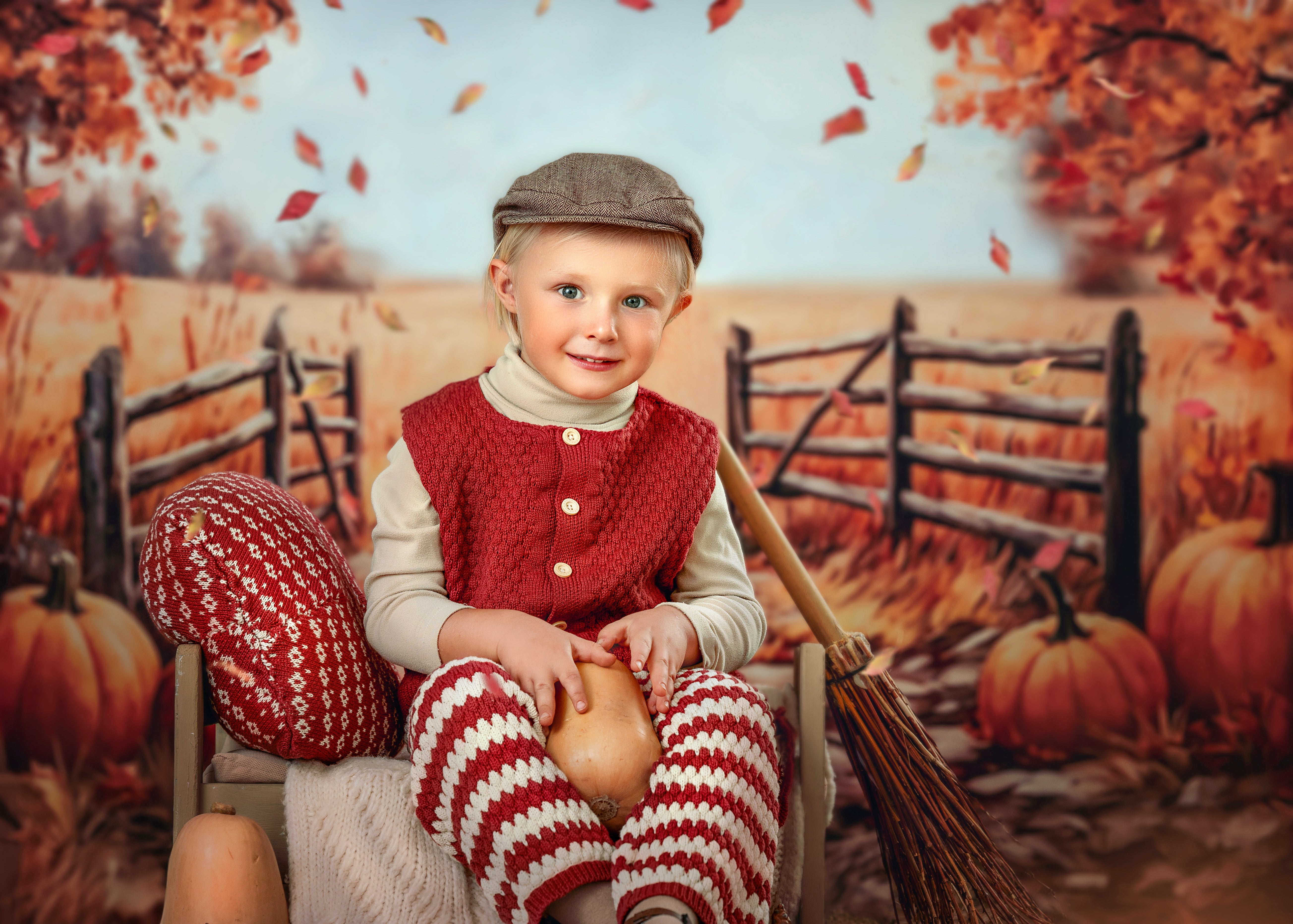 Boy holding red apple standing in front of autumn backdrop