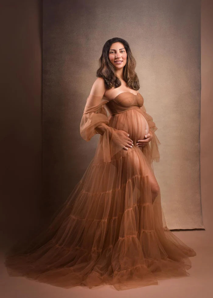 Kate Light Brown Sexy Tulle Maternity Photoshoot Dress - Kate Backdrop AU