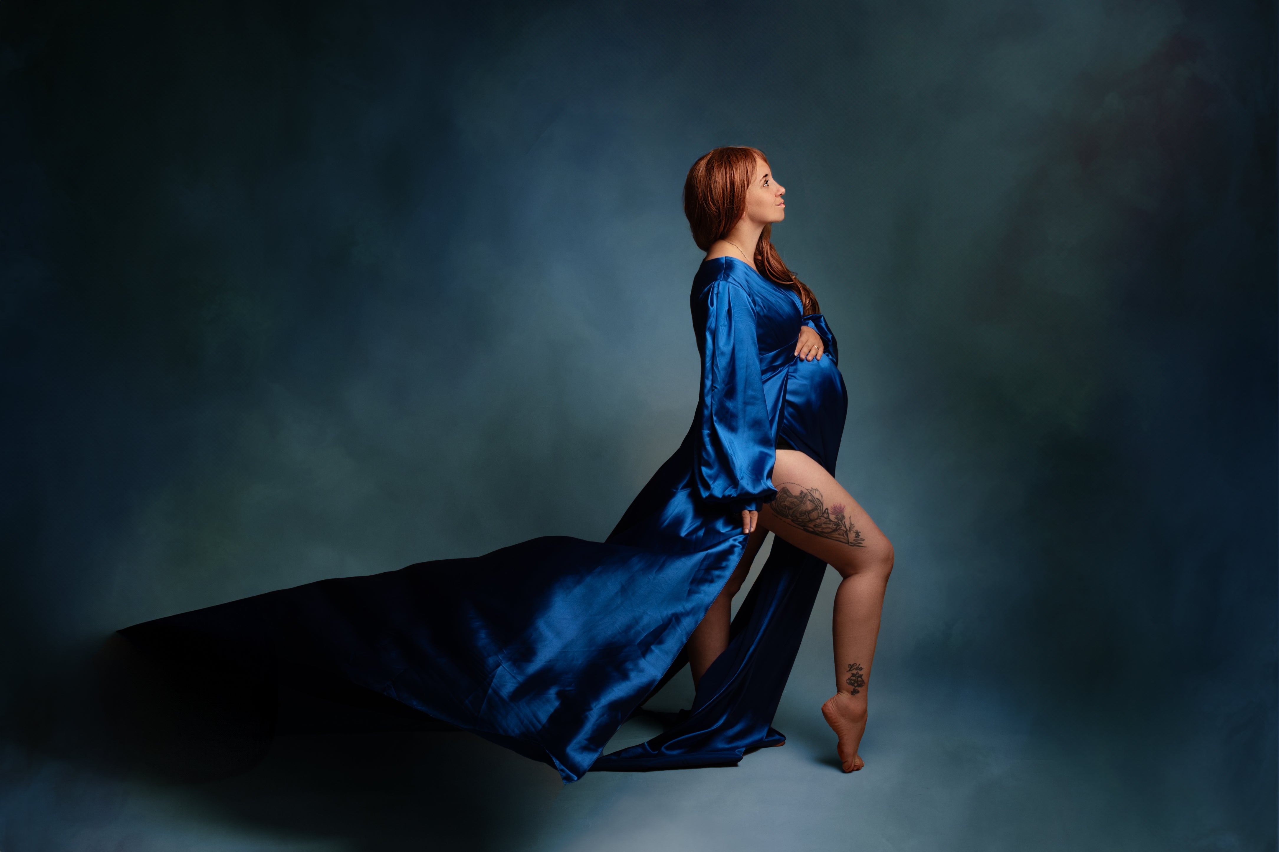 Kate Sapphire Blue Long Sleeve Satin Blue Maternity Photoshoot Dress - Kate Backdrop AU