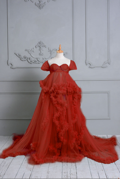 Kate Crimson One Shoulder Mesh Maternity Photoshoot Dress - Kate Backdrop AU