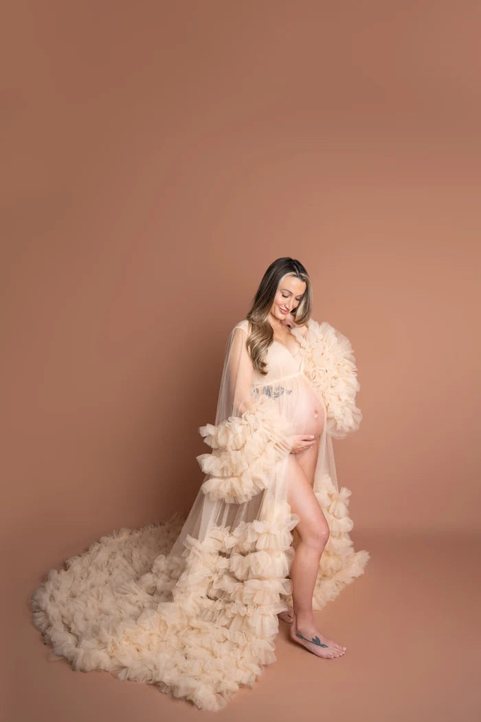 Kate Mesh V-neck Trailing Mid Sleeve Maternity Photoshoot Dress - Kate Backdrop AU