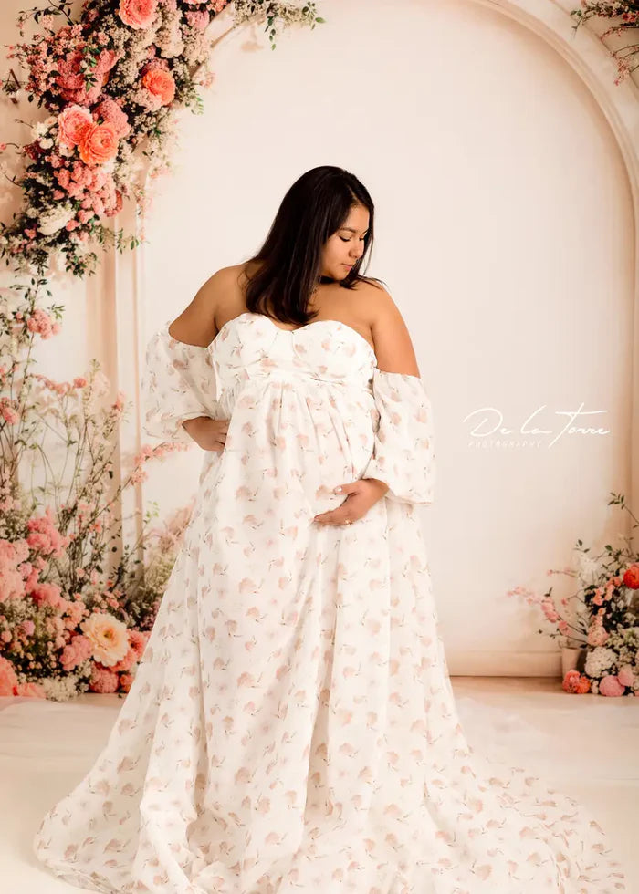 Kate Chiffon Flower Printed White Maternity Photoshoot Dress - Kate Backdrop AU
