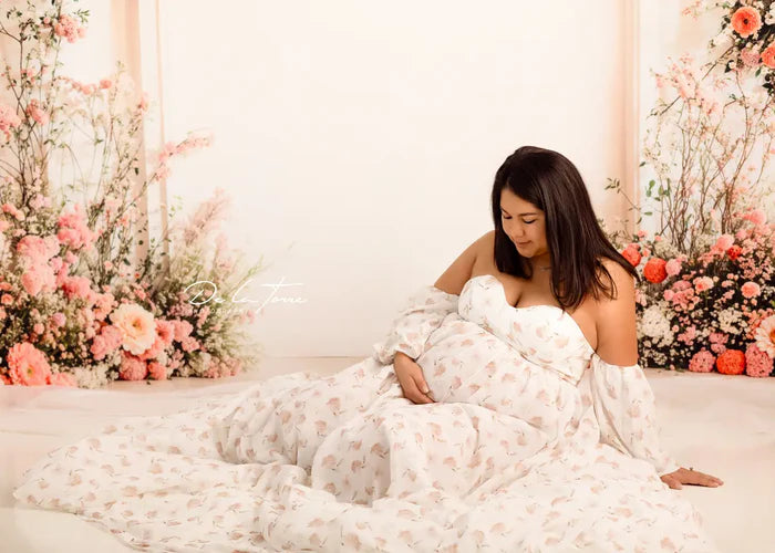 Kate Chiffon Flower Printed White Maternity Photoshoot Dress - Kate Backdrop AU