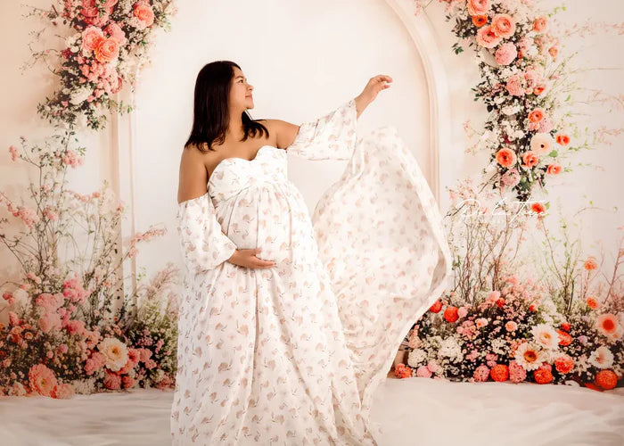 Kate Chiffon Flower Printed White Maternity Photoshoot Dress - Kate Backdrop AU