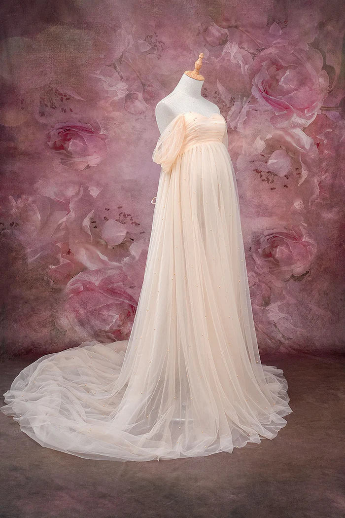 Kate One Shoulder Mesh In Beige Maternity Photoshoot Dress - Kate Backdrop AU