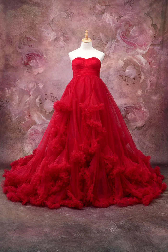 Kate One Shoulder Mesh Red Maternity Photoshoot Dress - Kate Backdrop AU