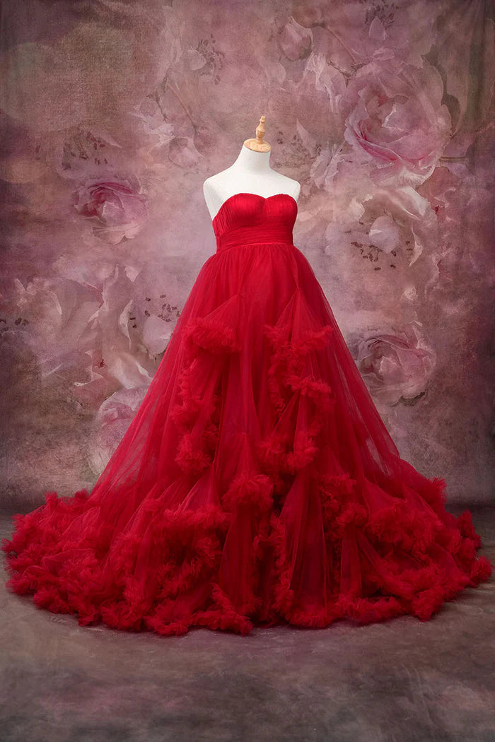 Kate One Shoulder Mesh Red Maternity Photoshoot Dress - Kate Backdrop AU