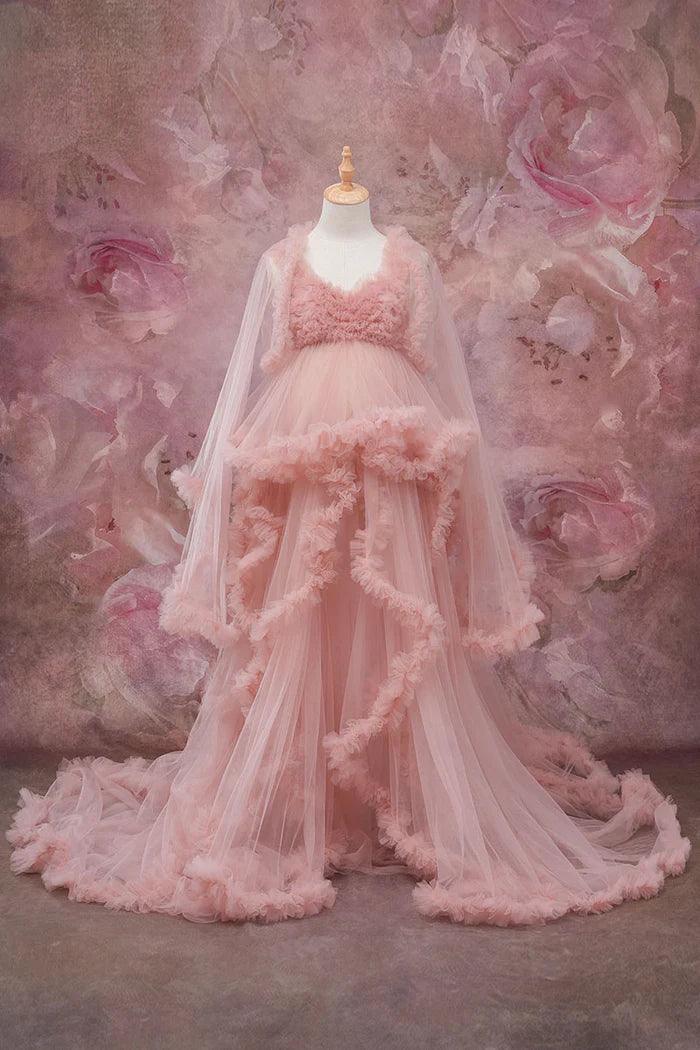 Kate One Shoulder Mesh Champagne Maternity Photoshoot Dress - Kate Backdrop AU