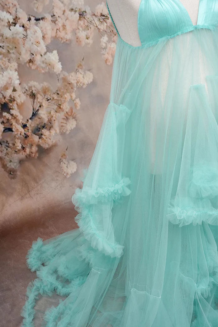 Kate One Shoulder Mesh Light Green Maternity Photoshoot Dress - Kate Backdrop AU