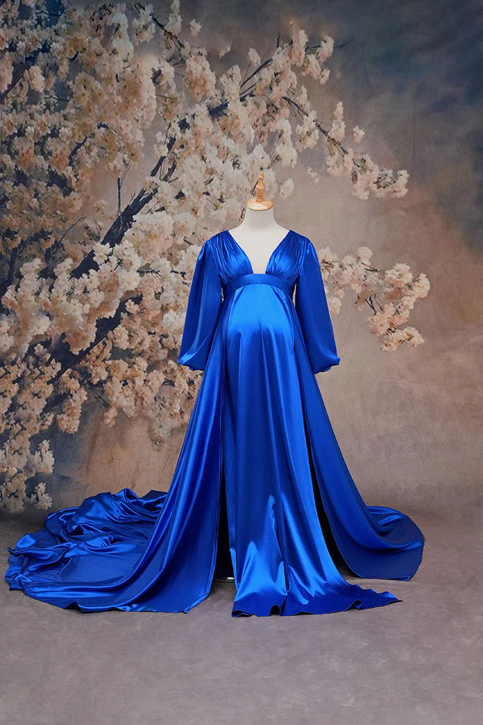 Kate Sapphire Blue Long Sleeve Satin Blue Maternity Photoshoot Dress - Kate Backdrop AU
