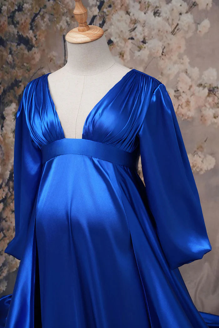 Kate Sapphire Blue Long Sleeve Satin Blue Maternity Photoshoot Dress - Kate Backdrop AU