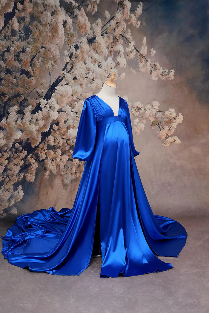Kate Sapphire Blue Long Sleeve Satin Blue Maternity Photoshoot Dress - Kate Backdrop AU