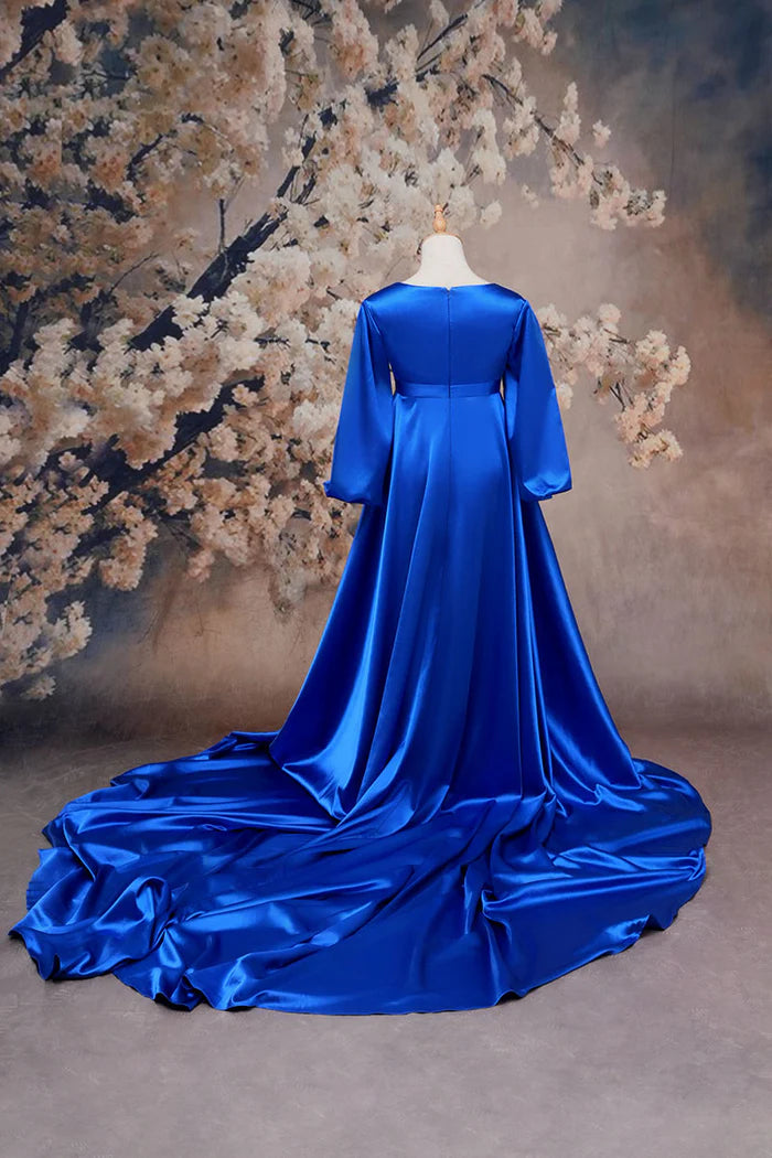 Kate Sapphire Blue Long Sleeve Satin Blue Maternity Photoshoot Dress - Kate Backdrop AU