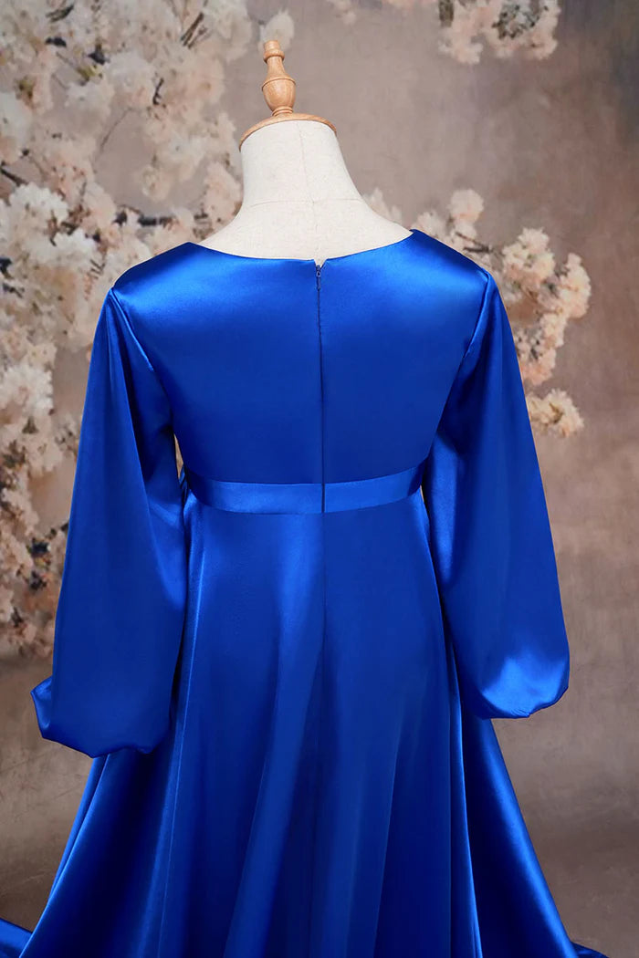 Kate Sapphire Blue Long Sleeve Satin Blue Maternity Photoshoot Dress - Kate Backdrop AU