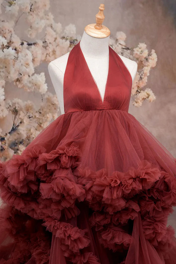 Kate One Shoulder Mesh Dress Maroon Crimson Maternity Photoshoot Dress - Kate Backdrop AU