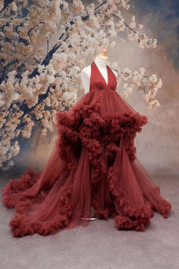 Kate One Shoulder Mesh Dress Maroon Crimson Maternity Photoshoot Dress - Kate Backdrop AU