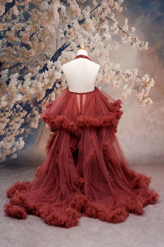 Kate One Shoulder Mesh Dress Maroon Crimson Maternity Photoshoot Dress - Kate Backdrop AU