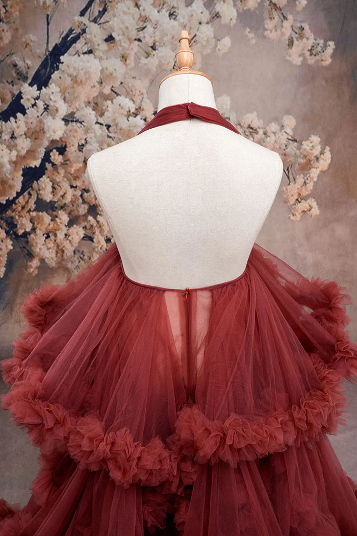 Kate One Shoulder Mesh Dress Maroon Crimson Maternity Photoshoot Dress - Kate Backdrop AU